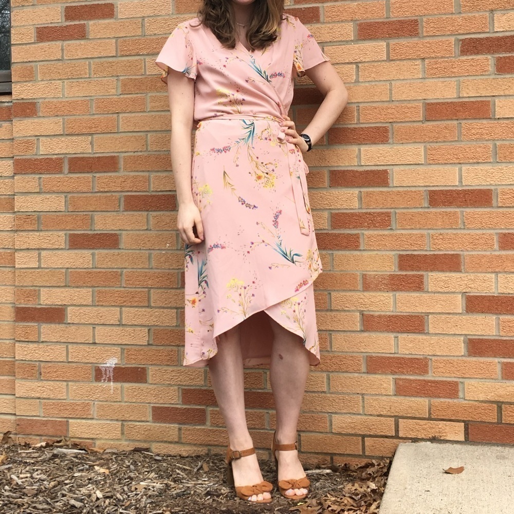 Worthington pink floral wrap dress